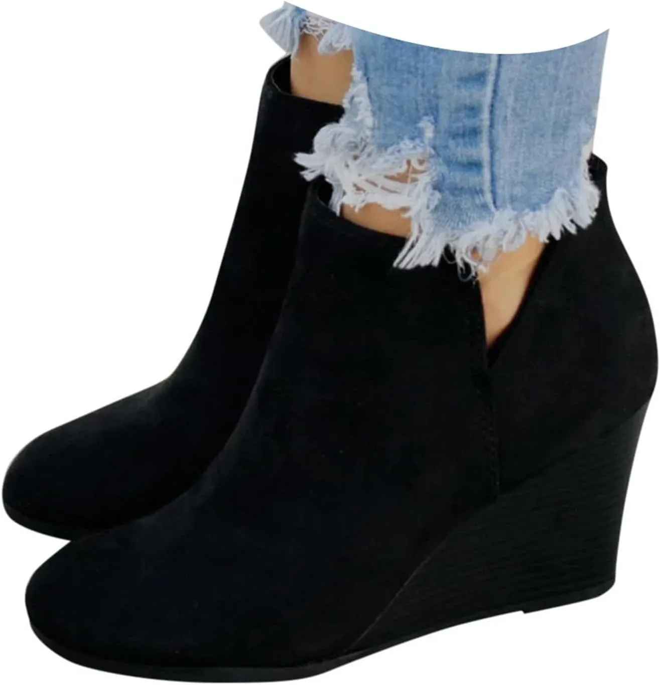 Cathalem Womens Wedge Booties Fashion Suede Side Zipper Ankle Boots Non-Slip Thick Heel Round Toe Chelsea Boots for Women