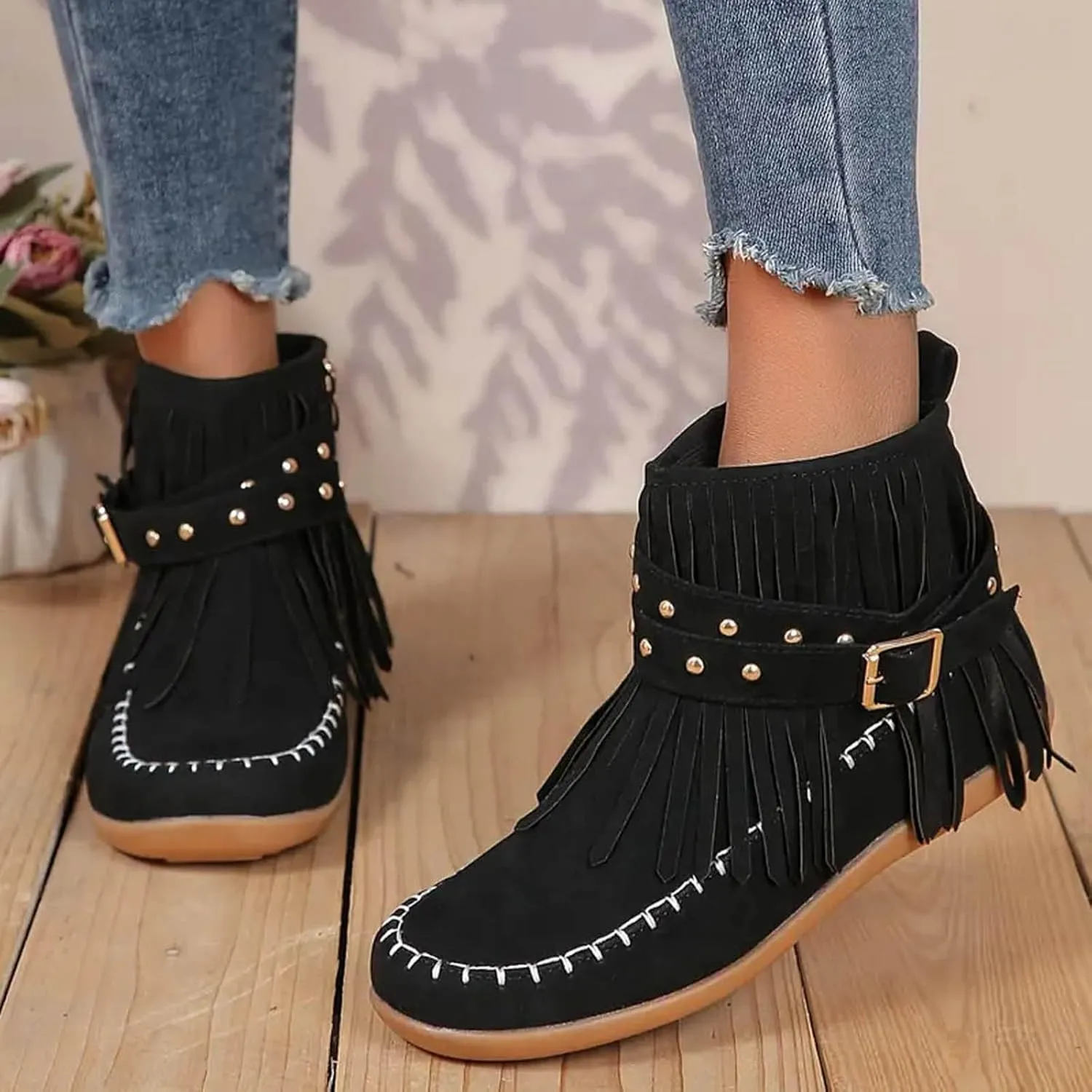 Cathalem Women's Western Cowboy Boots, Fringe Faux Suede Boots Retro Round Toe Fringe Buckle Strap Ankle Boot Low Heel Rome Flat Shoes Tassel Knight Booties