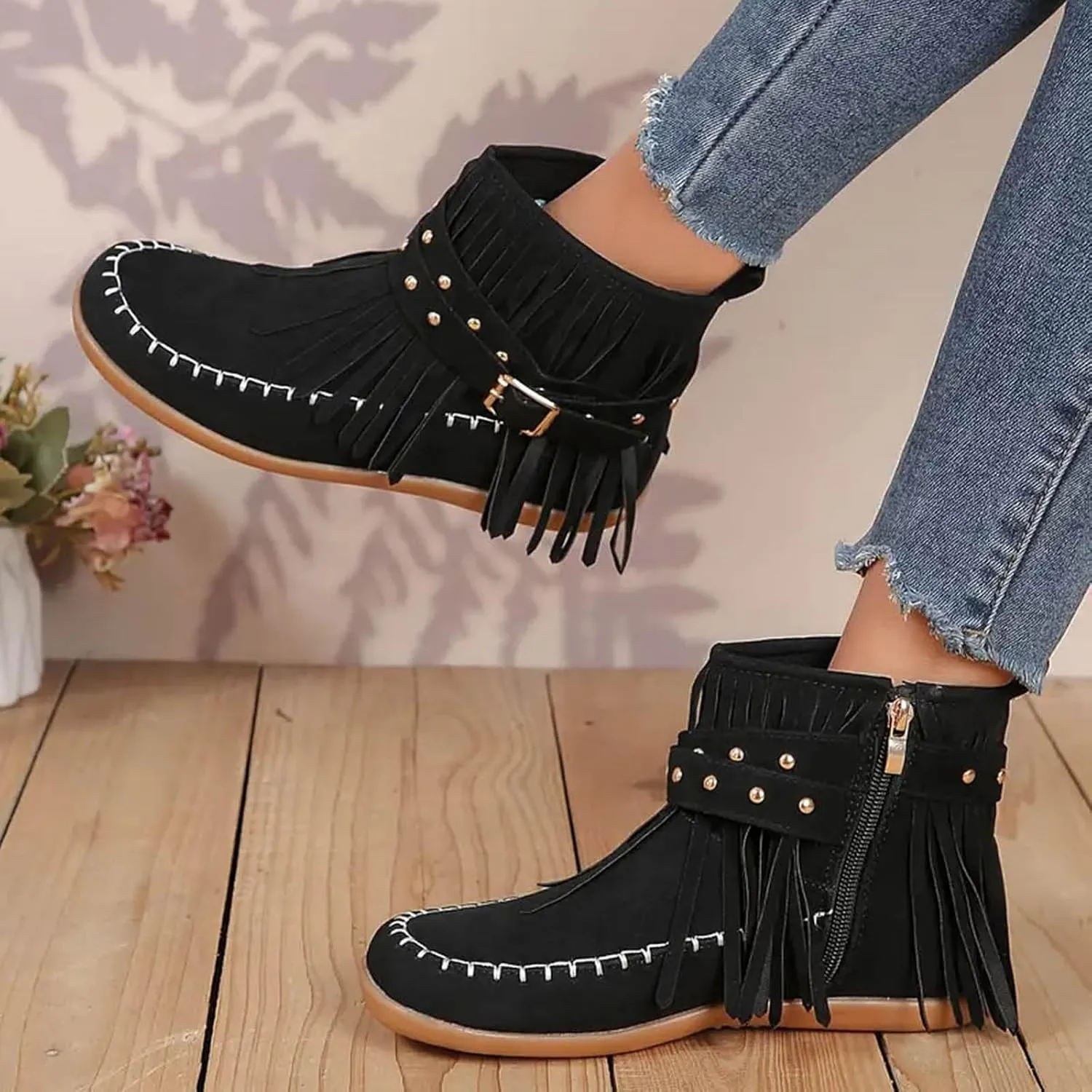 Cathalem Women's Western Cowboy Boots, Fringe Faux Suede Boots Retro Round Toe Fringe Buckle Strap Ankle Boot Low Heel Rome Flat Shoes Tassel Knight Booties