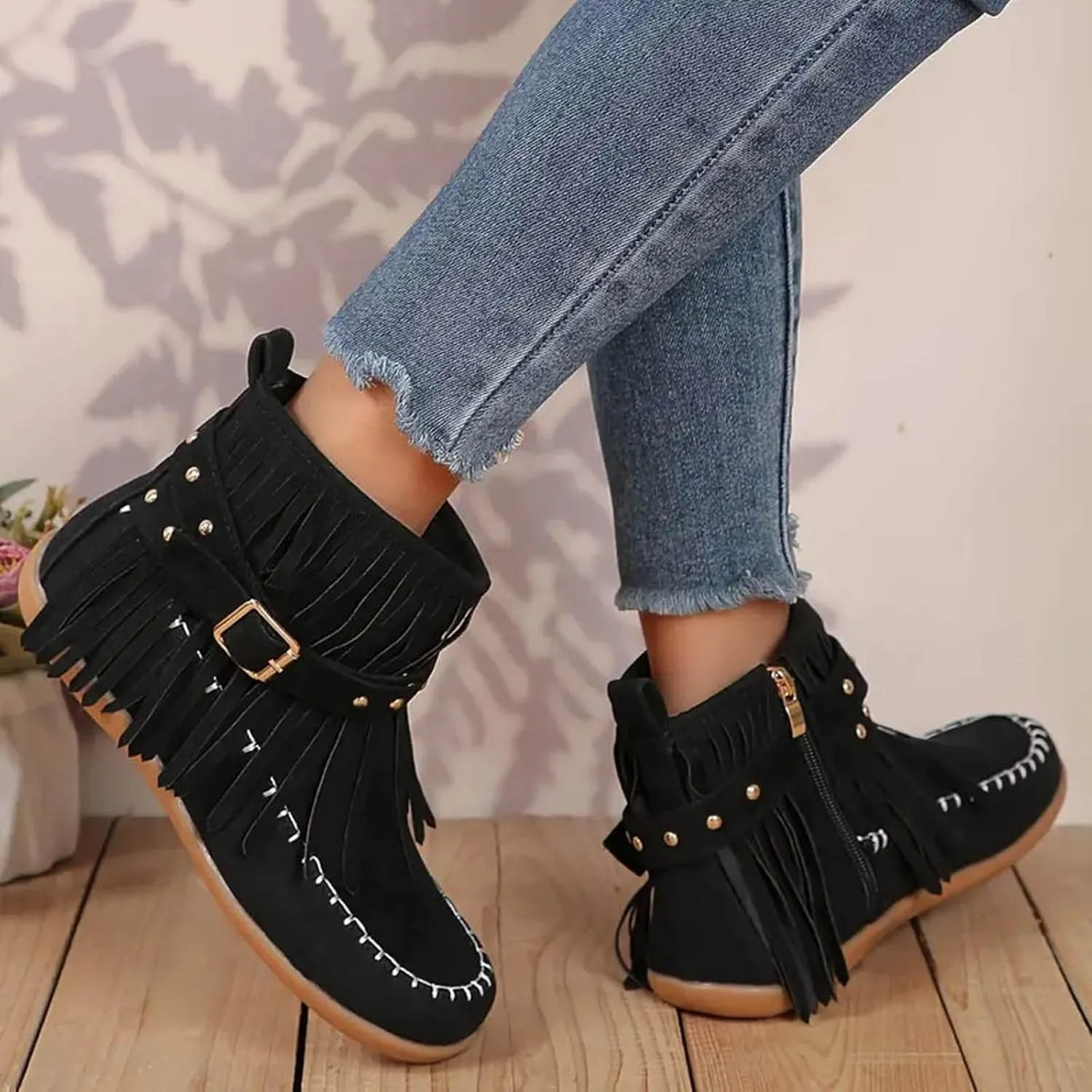 Cathalem Women's Western Cowboy Boots, Fringe Faux Suede Boots Retro Round Toe Fringe Buckle Strap Ankle Boot Low Heel Rome Flat Shoes Tassel Knight Booties