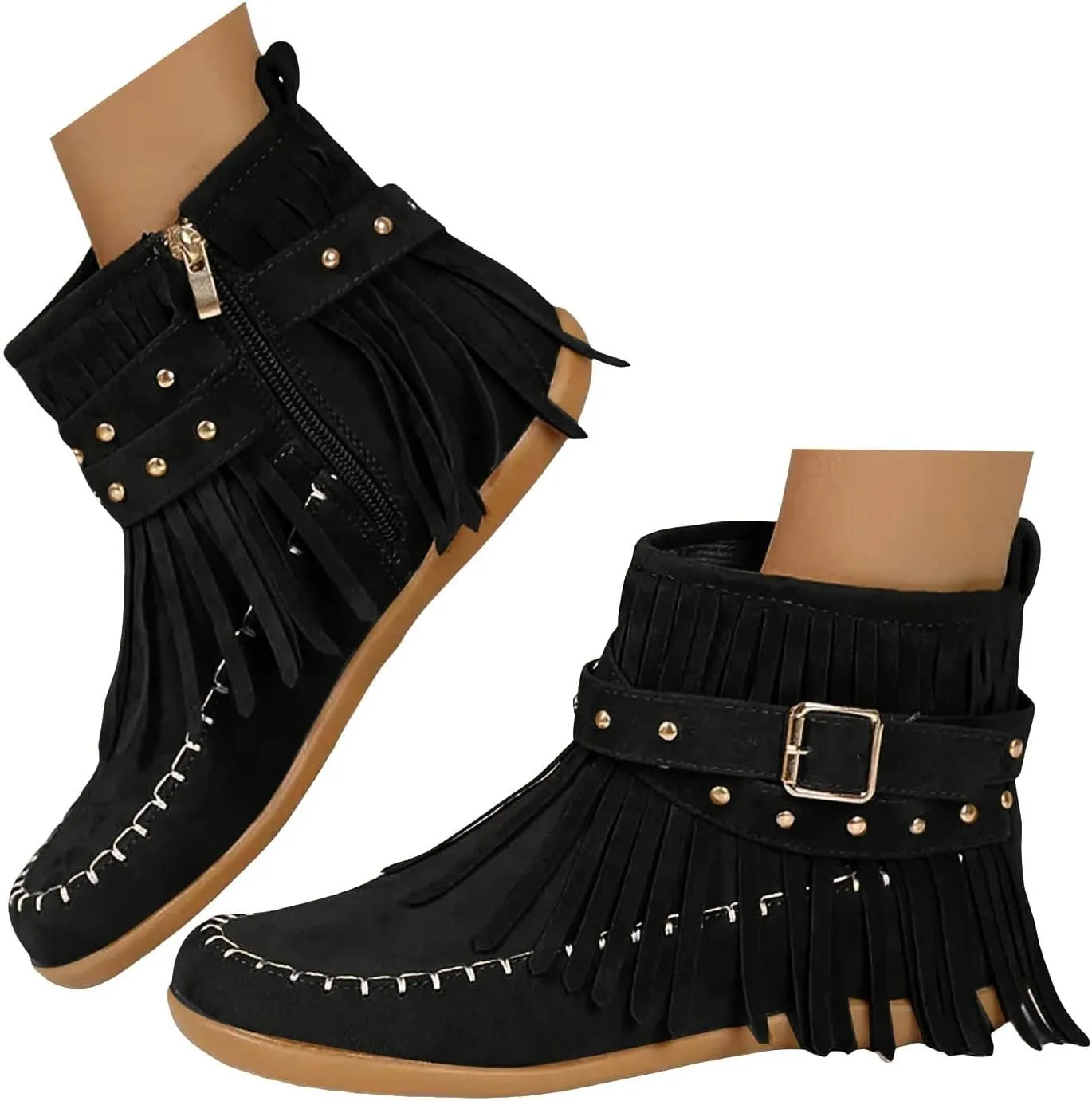 Cathalem Women's Western Cowboy Boots, Fringe Faux Suede Boots Retro Round Toe Fringe Buckle Strap Ankle Boot Low Heel Rome Flat Shoes Tassel Knight Booties