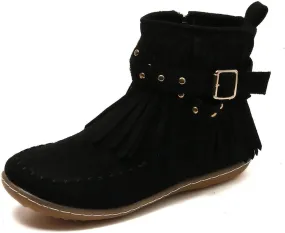 Cathalem Women's Western Cowboy Boots, Fringe Faux Suede Boots Retro Round Toe Fringe Buckle Strap Ankle Boot Low Heel Rome Flat Shoes Tassel Knight Booties