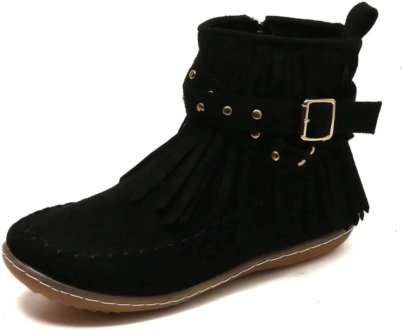 Cathalem Women's Western Cowboy Boots, Fringe Faux Suede Boots Retro Round Toe Fringe Buckle Strap Ankle Boot Low Heel Rome Flat Shoes Tassel Knight Booties