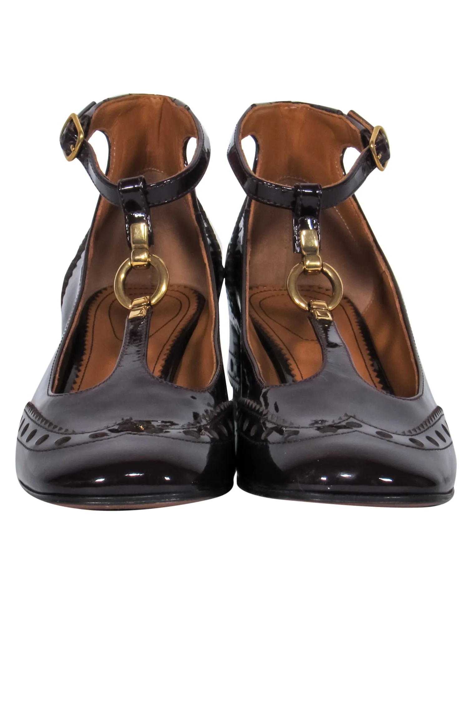 Chloe - Maroon Patent T-Strap Mary Jane Pumps w/ Loafer Embroidery Sz 8