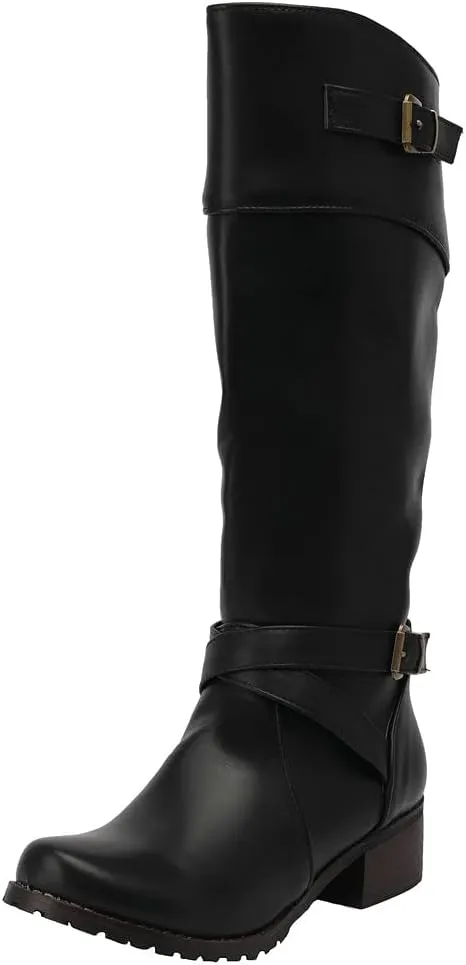 ClassicSter Womens Knee High Boots Block Chunky Mid Heels Combate Booties Strappy Buckle Motorcycle Riding Boots With Zip