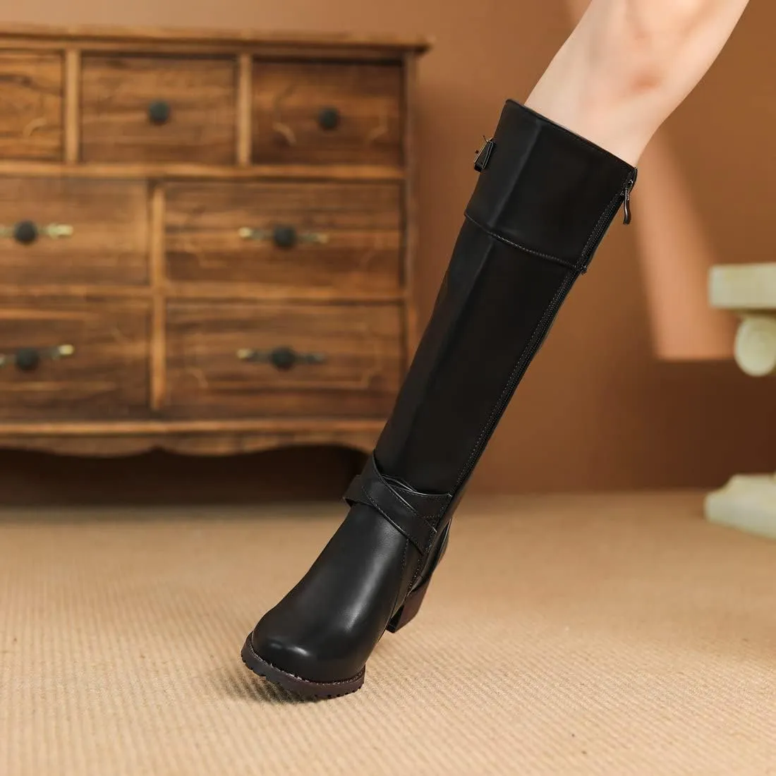 ClassicSter Womens Knee High Boots Block Chunky Mid Heels Combate Booties Strappy Buckle Motorcycle Riding Boots With Zip