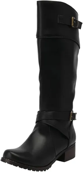 ClassicSter Womens Knee High Boots Block Chunky Mid Heels Combate Booties Strappy Buckle Motorcycle Riding Boots With Zip