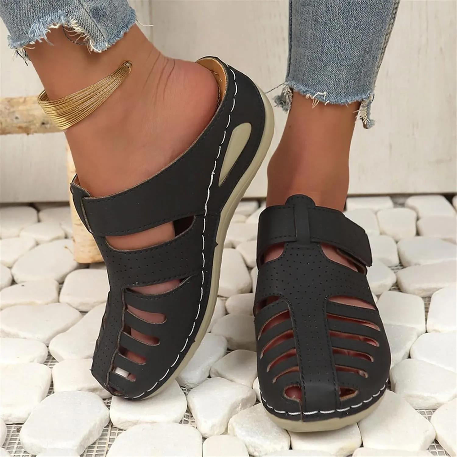 Closed Toe Sandals Women Wide Width Breathable Anti-Slip Orthopedic Sandals with Arch Support Hollow Out Platform Gladiator Buckle Strap Beach Shoes