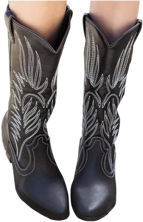 Cowboy Boots for Women Women's Western Classic Wide Calf Knee High Boots Cowgirl Fashion Embroidered Point Toe Boots