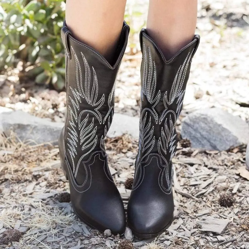 Cowboy Boots for Women Women's Western Classic Wide Calf Knee High Boots Cowgirl Fashion Embroidered Point Toe Boots