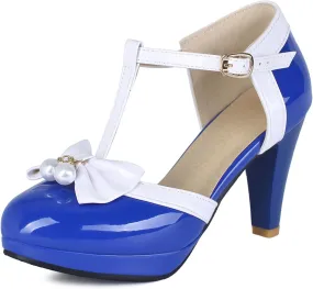 Elbslutt Women's Cute Retro Rockabilly Shoes T Strap Mary Janes Heels Chunky Cosplay Shoes Sweet Block Heeled Bow Pumps