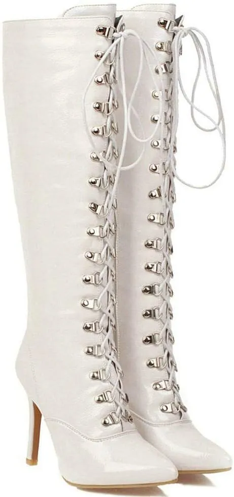 KOKOMOMO Womens Lace Up Patent Knee High Stiletto High Heel Pointy Toe Boots
