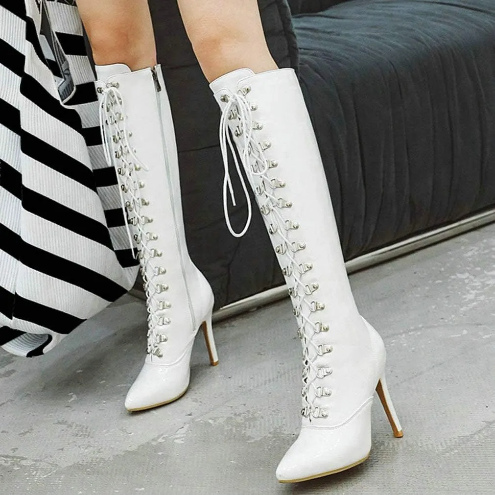 KOKOMOMO Womens Lace Up Patent Knee High Stiletto High Heel Pointy Toe Boots
