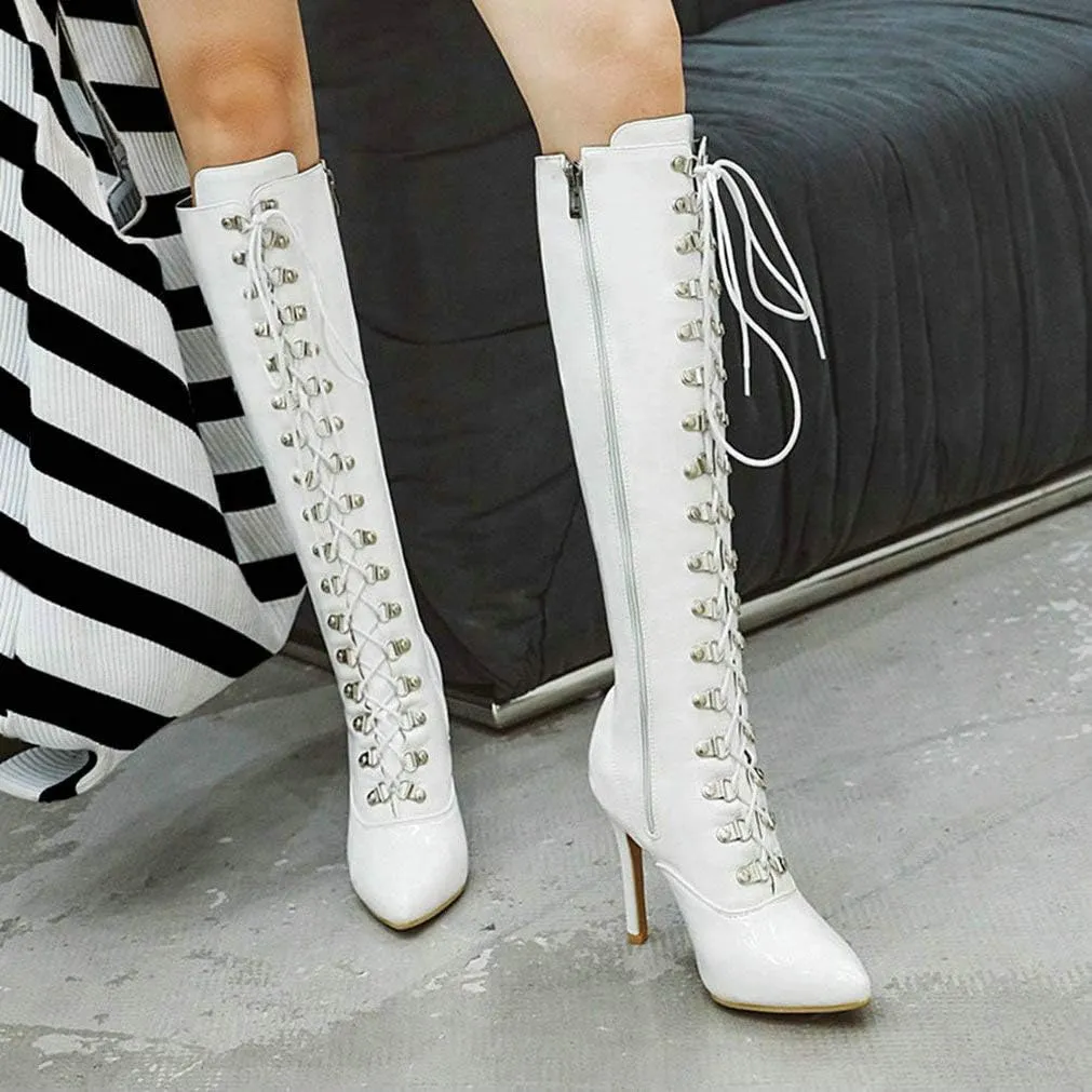 KOKOMOMO Womens Lace Up Patent Knee High Stiletto High Heel Pointy Toe Boots
