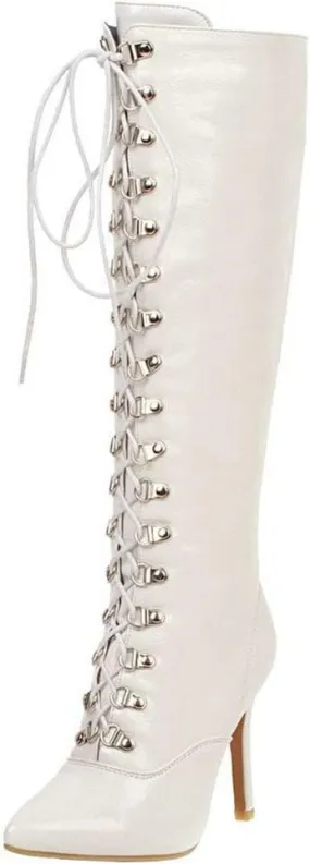 KOKOMOMO Womens Lace Up Patent Knee High Stiletto High Heel Pointy Toe Boots