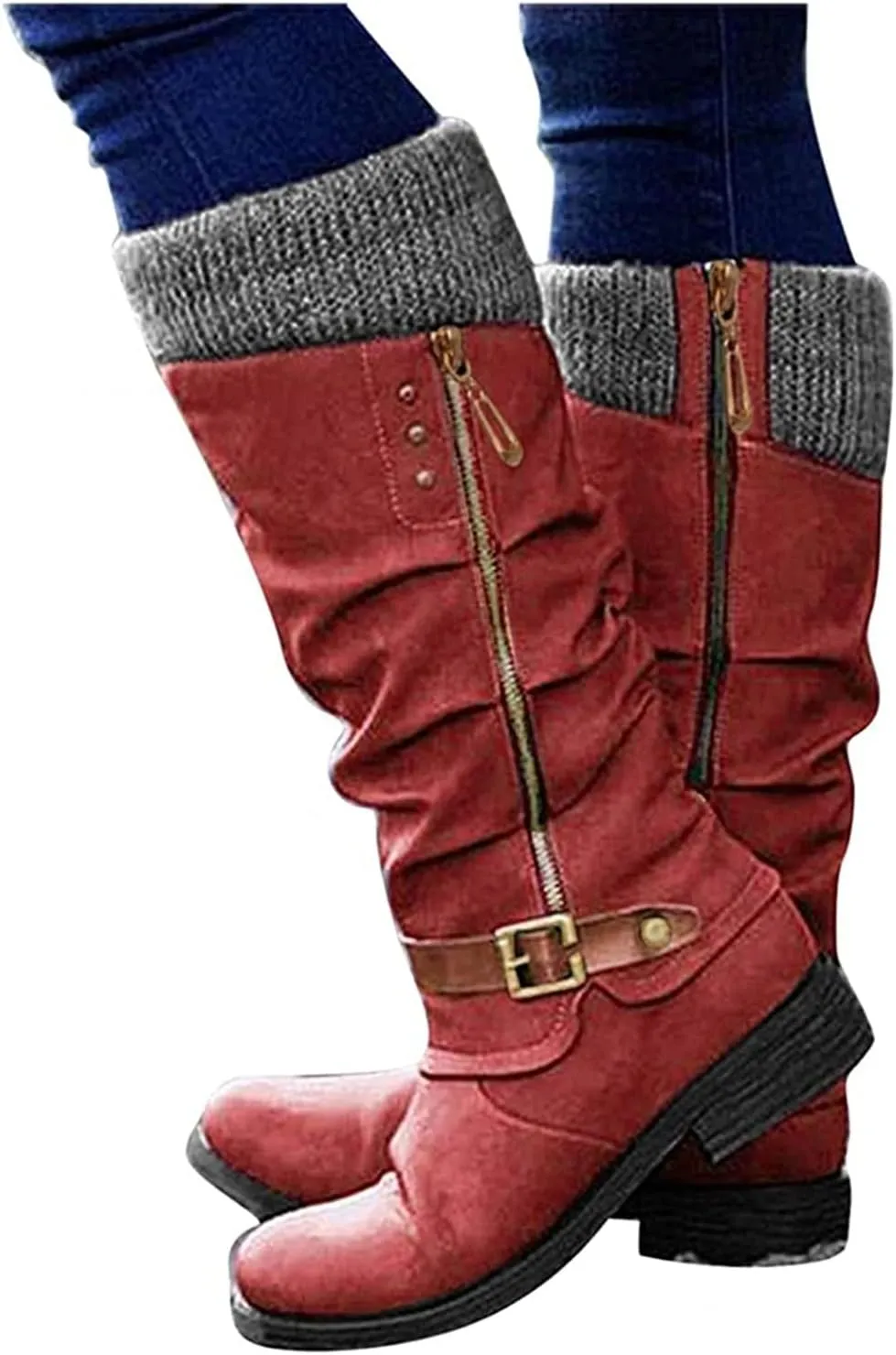 Ladmiple Cowboy Boots For Women Knee High Wide Calf Cowgirl Boots Mid Heel Retro Fashion Tall Boot Pull On for Ladies