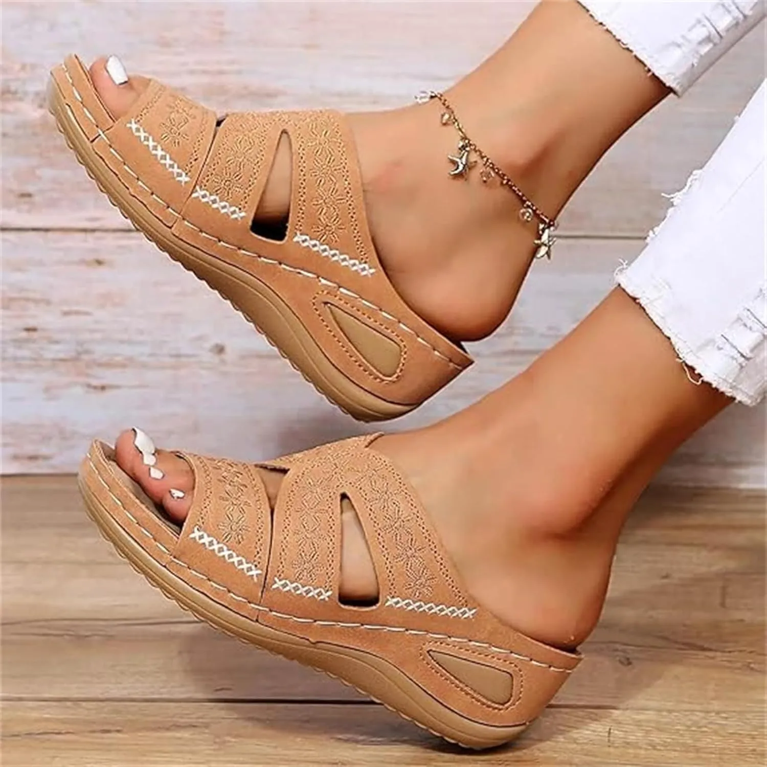 Lausiuoe Sandals Women Dressy Summer Flat Cute Casual Beach Shoes Fashion Orthotic Slides Comfy Slip On Orthopedic Slippers