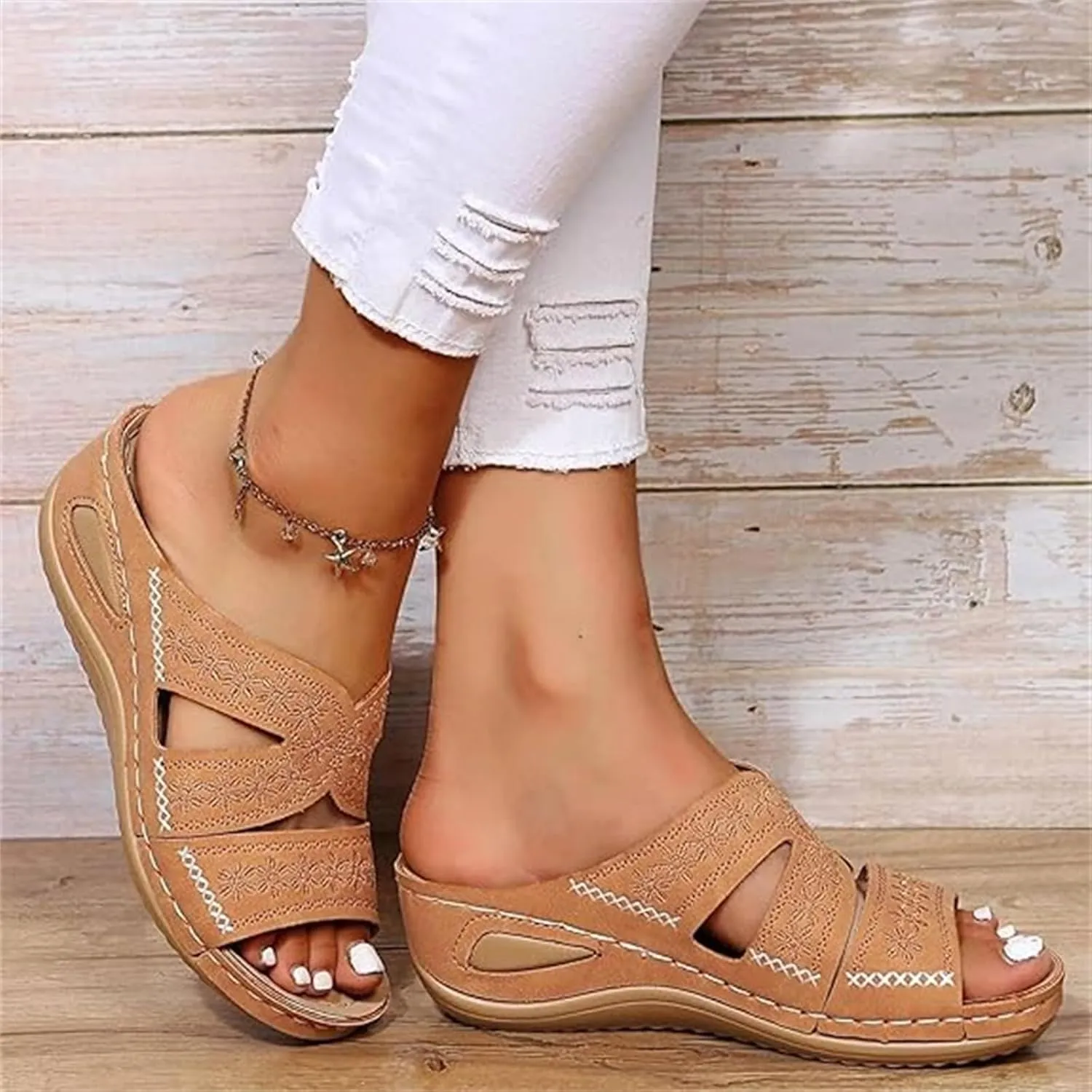 Lausiuoe Sandals Women Dressy Summer Flat Cute Casual Beach Shoes Fashion Orthotic Slides Comfy Slip On Orthopedic Slippers