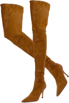LEHOOR Sexy High Heels Thigh High Stiletto Boots Women Pointed Toe Stretch Zip Kitten Heel Suede Over Knee Boots 4-11 M US