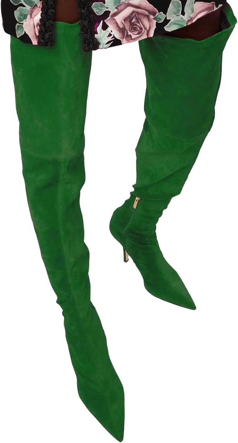 LEHOOR Sexy High Heels Thigh High Stiletto Boots Women Pointed Toe Stretch Zip Kitten Heel Suede Over Knee Boots 4-11 M US