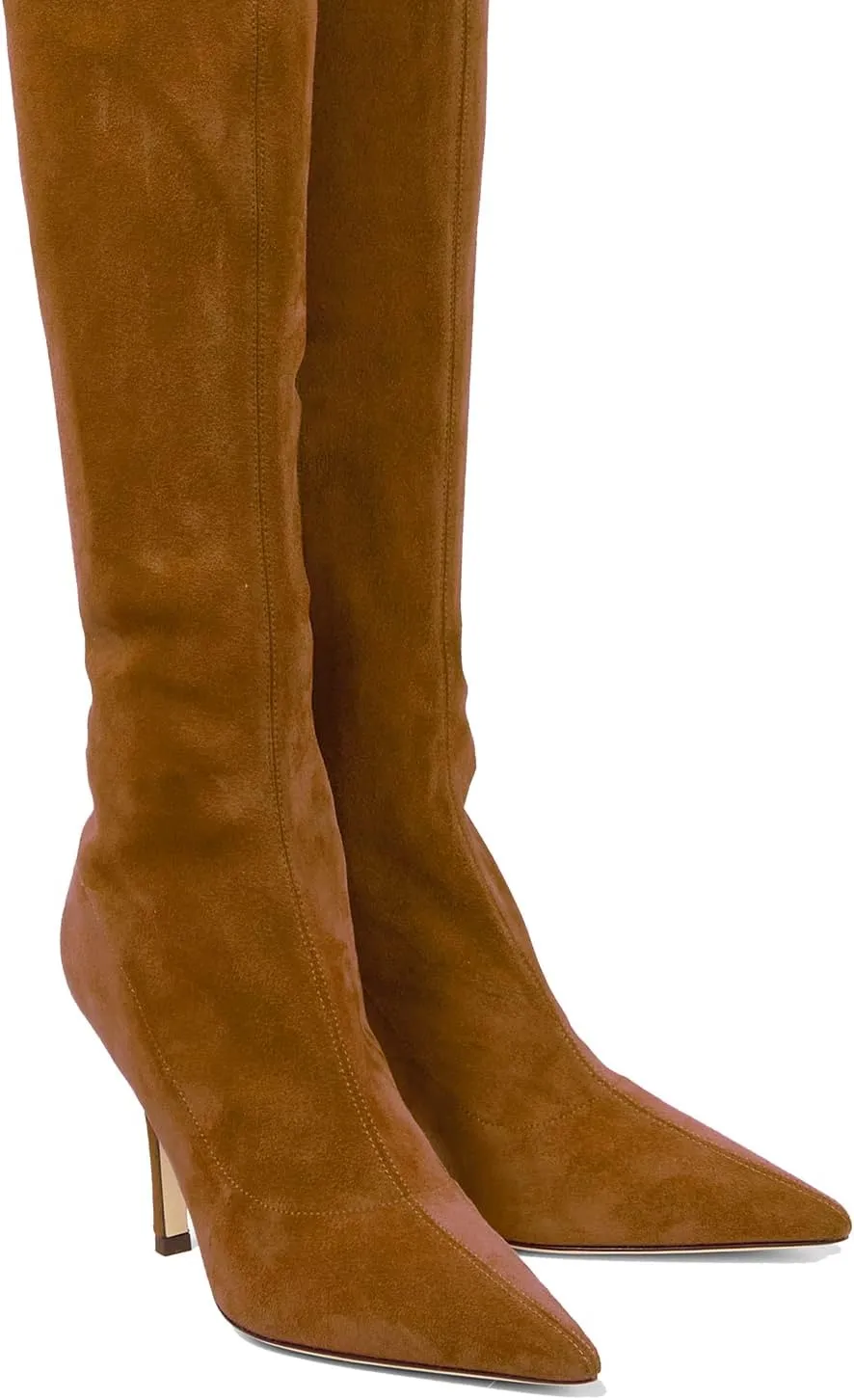 LEHOOR Sexy High Heels Thigh High Stiletto Boots Women Pointed Toe Stretch Zip Kitten Heel Suede Over Knee Boots 4-11 M US