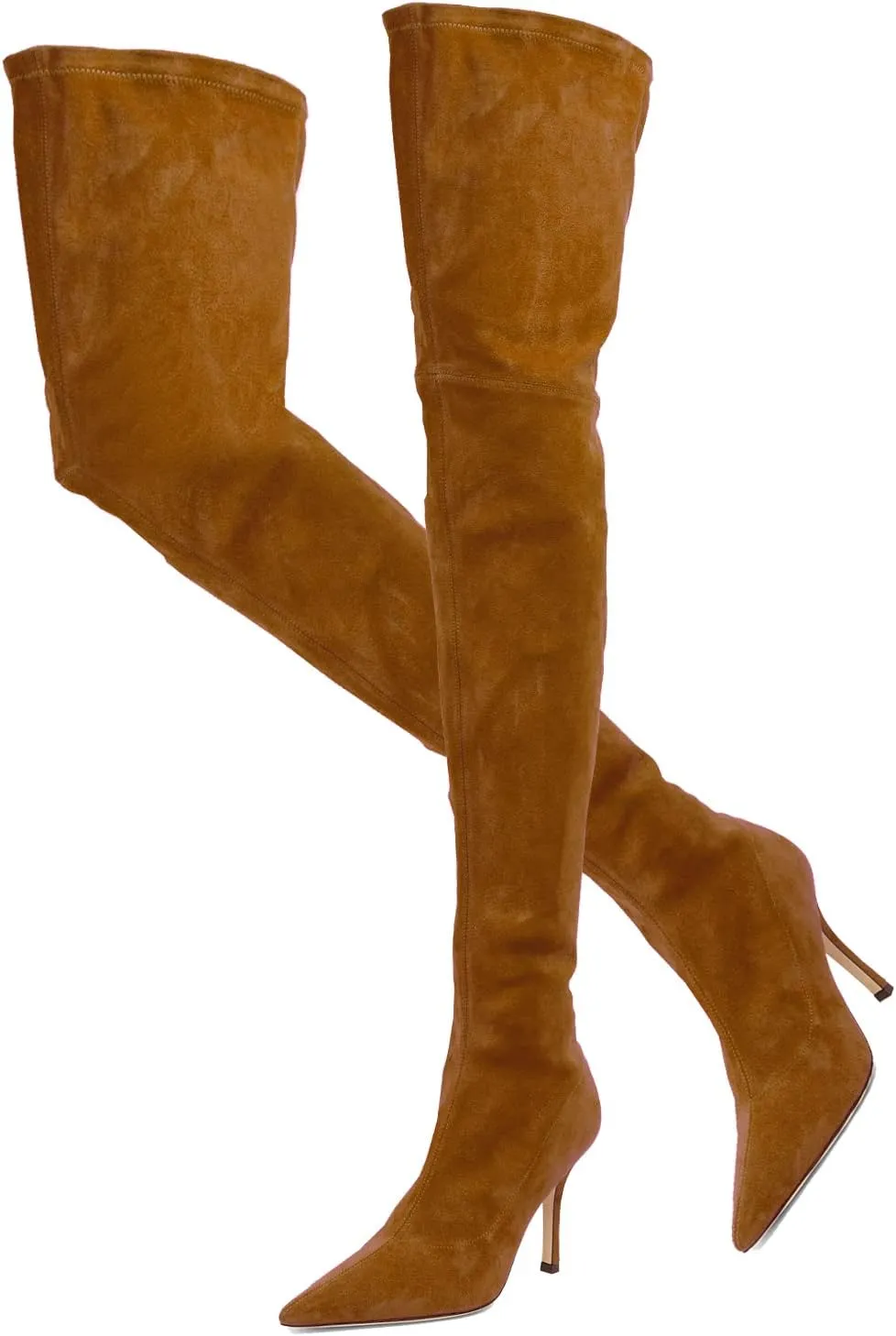 LEHOOR Sexy High Heels Thigh High Stiletto Boots Women Pointed Toe Stretch Zip Kitten Heel Suede Over Knee Boots 4-11 M US