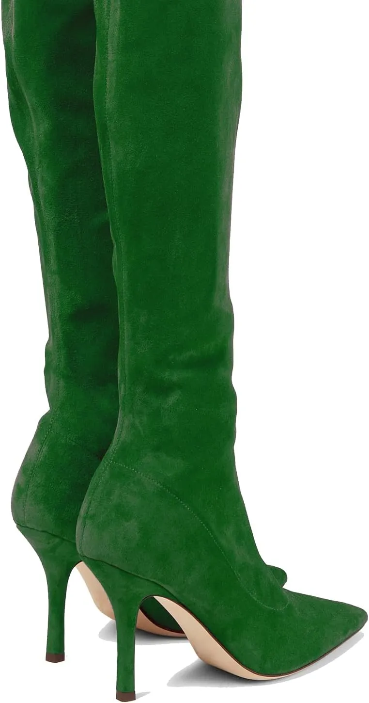 LEHOOR Sexy High Heels Thigh High Stiletto Boots Women Pointed Toe Stretch Zip Kitten Heel Suede Over Knee Boots 4-11 M US