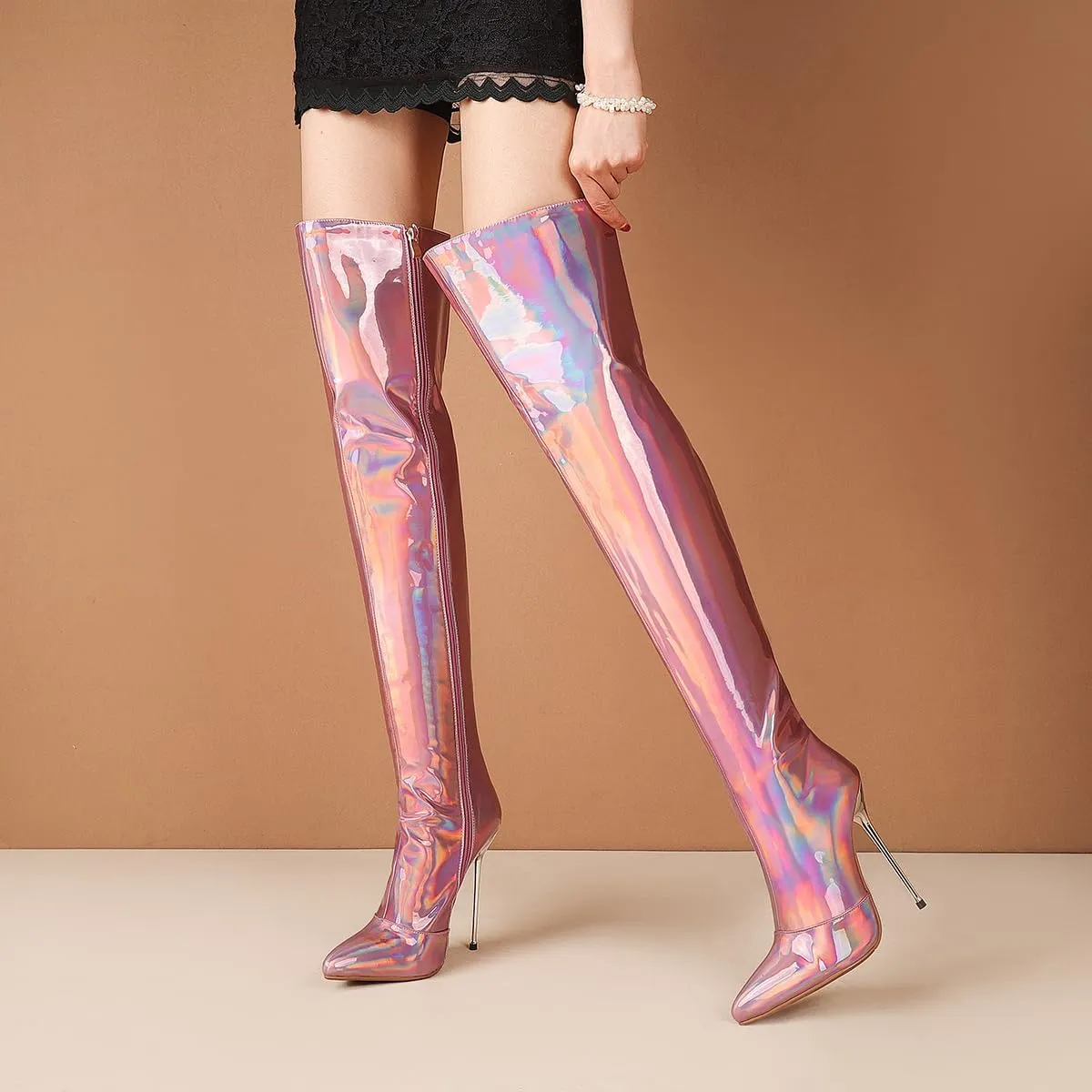 LEHOOR Women Thigh High Go Go Boots Stiletto High Heel Pointed Toe Metallic Over The Knee Boots Wide Calf Side Zipper Patent Leather Tall Dress Boot 5" Metal Heels Sexy Shiny Colorful Fall 4-13 M US