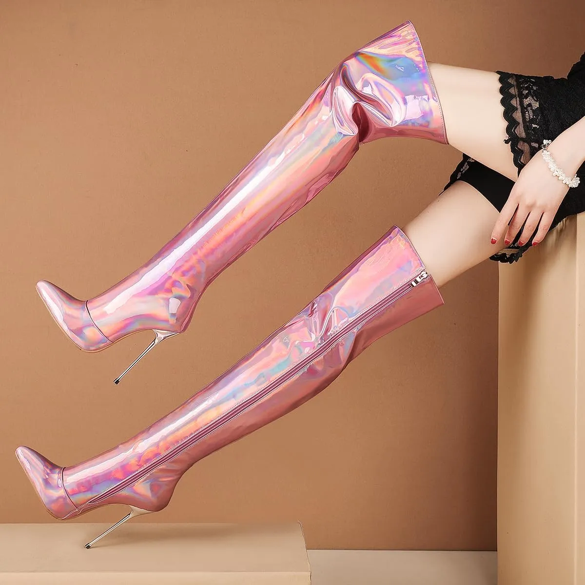 LEHOOR Women Thigh High Go Go Boots Stiletto High Heel Pointed Toe Metallic Over The Knee Boots Wide Calf Side Zipper Patent Leather Tall Dress Boot 5" Metal Heels Sexy Shiny Colorful Fall 4-13 M US