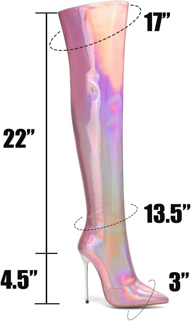 LEHOOR Women Thigh High Go Go Boots Stiletto High Heel Pointed Toe Metallic Over The Knee Boots Wide Calf Side Zipper Patent Leather Tall Dress Boot 5" Metal Heels Sexy Shiny Colorful Fall 4-13 M US