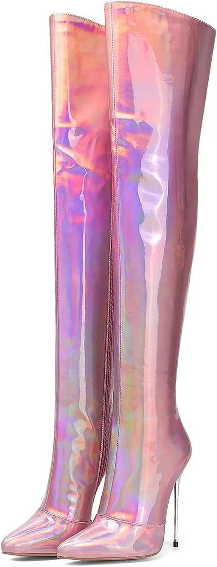 LEHOOR Women Thigh High Go Go Boots Stiletto High Heel Pointed Toe Metallic Over The Knee Boots Wide Calf Side Zipper Patent Leather Tall Dress Boot 5" Metal Heels Sexy Shiny Colorful Fall 4-13 M US