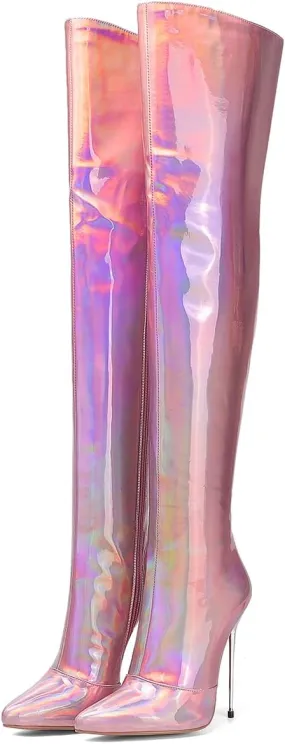 LEHOOR Women Thigh High Go Go Boots Stiletto High Heel Pointed Toe Metallic Over The Knee Boots Wide Calf Side Zipper Patent Leather Tall Dress Boot 5" Metal Heels Sexy Shiny Colorful Fall 4-13 M US
