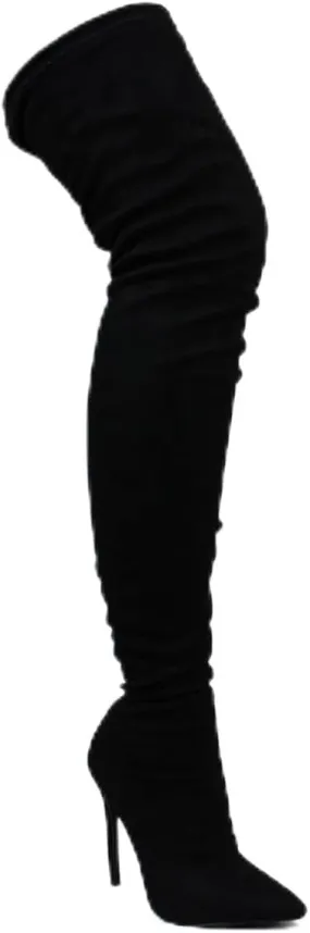Liliana Women's Stretchy Thigh High Boot - Fashionable and Comfort Pointed Toe Stiletto High Heel Over-The-Knee for Maximum Style, GISELE-7, GISELE-7(Black Suede, Size 8.5)