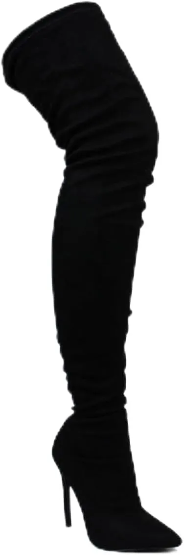 Liliana Women's Stretchy Thigh High Boot - Fashionable and Comfort Pointed Toe Stiletto High Heel Over-The-Knee for Maximum Style, GISELE-7, GISELE-7(Black Suede, Size 8.5)