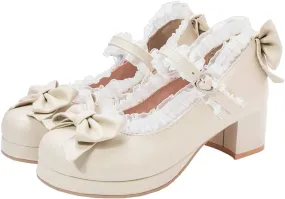 LUXMAX Women Kawaii Mid Block Heel Mary Jane Rockabilly Pumps with Bow Platform Chunky Heel Cute Sweet Shoes
