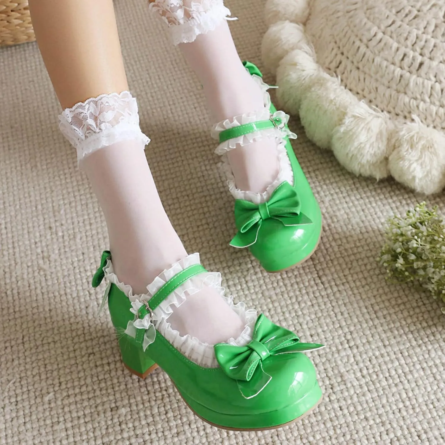 LUXMAX Women Kawaii Mid Block Heel Mary Jane Rockabilly Pumps with Bow Platform Chunky Heel Cute Sweet Shoes