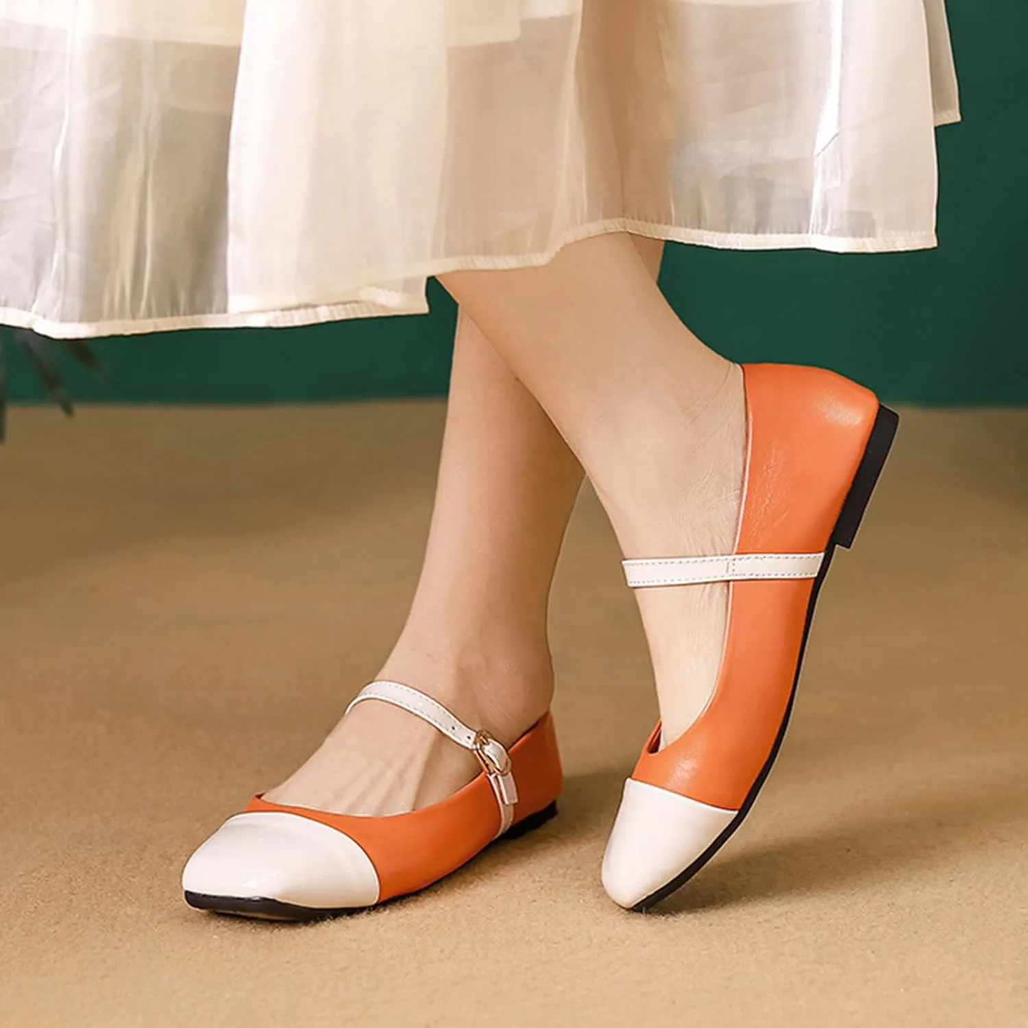 Mary Jane Flats Shoes Women Ankle Strap Ballet Flats Shoes Gold Ballerina Flats Dress Shoes Casual Walking Shoes Two Tone