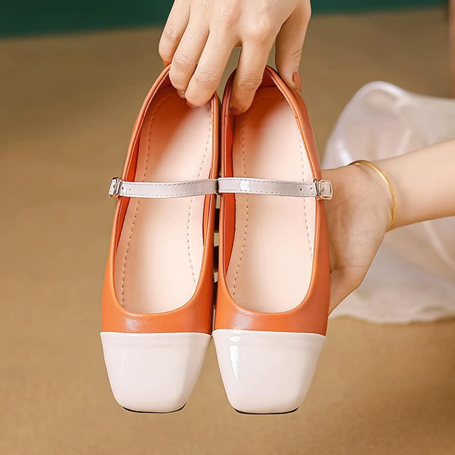 Mary Jane Flats Shoes Women Ankle Strap Ballet Flats Shoes Gold Ballerina Flats Dress Shoes Casual Walking Shoes Two Tone