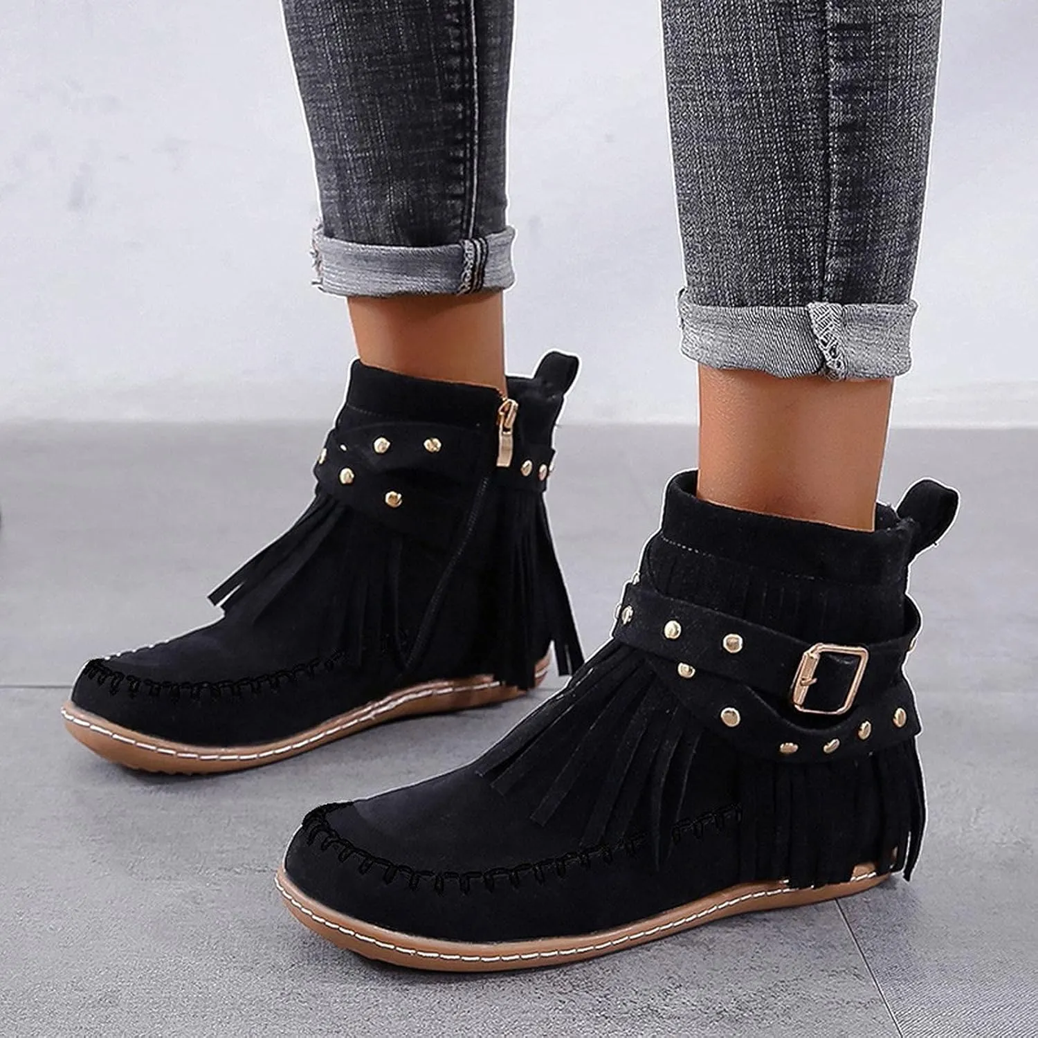 Moccasin Boots For Women Suede Fringe Boots Ankle Cowboy Boots Flat Tassel Boots Short Western Boots Ankle Booties