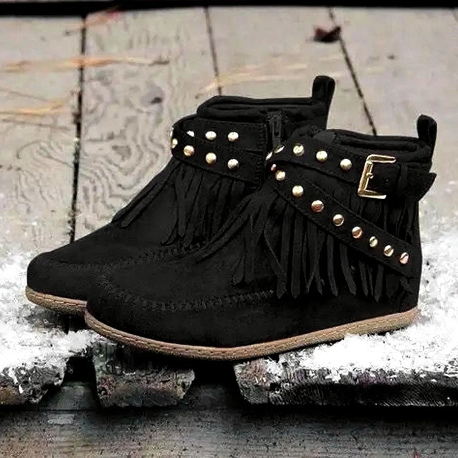 Moccasin Boots For Women Suede Fringe Boots Ankle Cowboy Boots Flat Tassel Boots Short Western Boots Ankle Booties