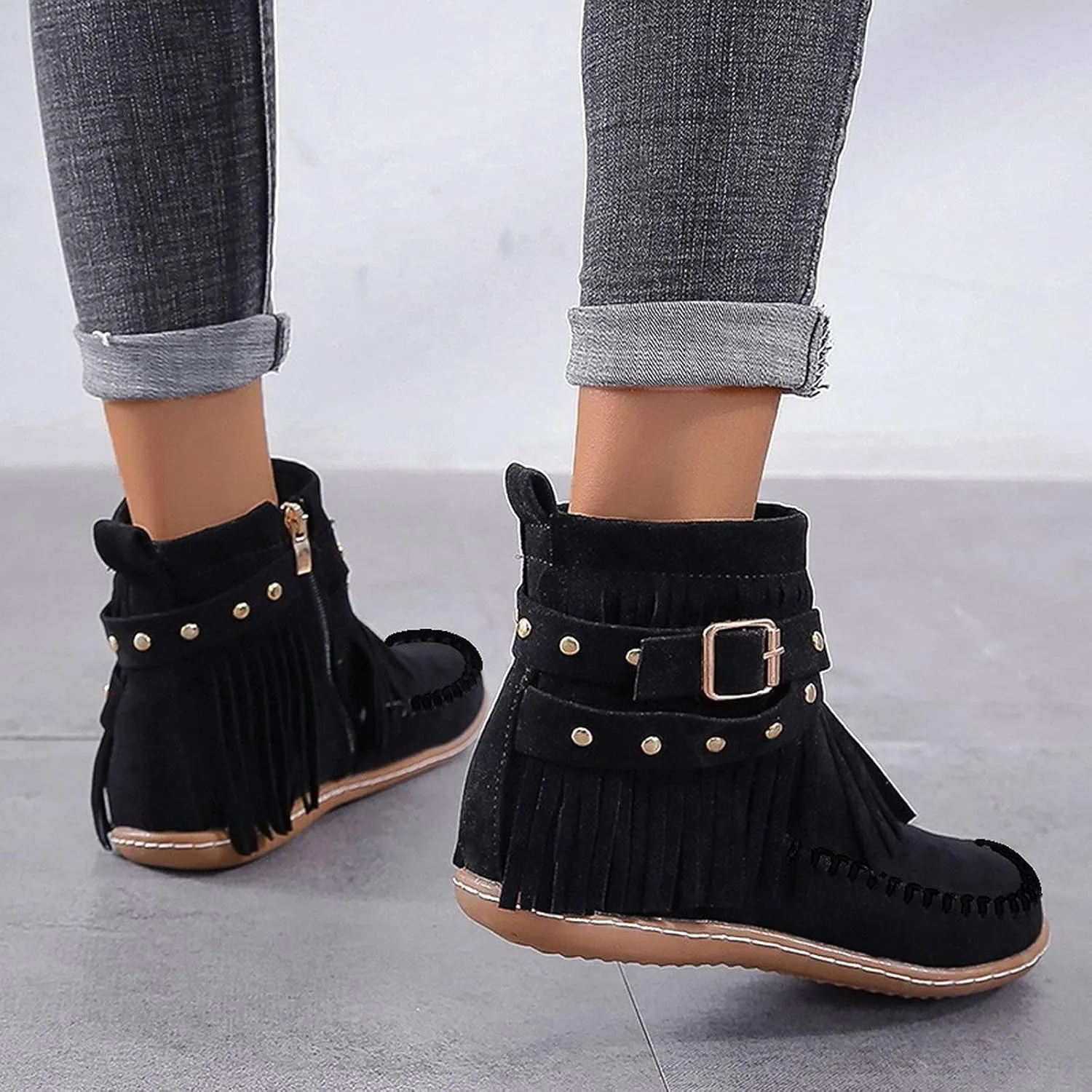 Moccasin Boots For Women Suede Fringe Boots Ankle Cowboy Boots Flat Tassel Boots Short Western Boots Ankle Booties