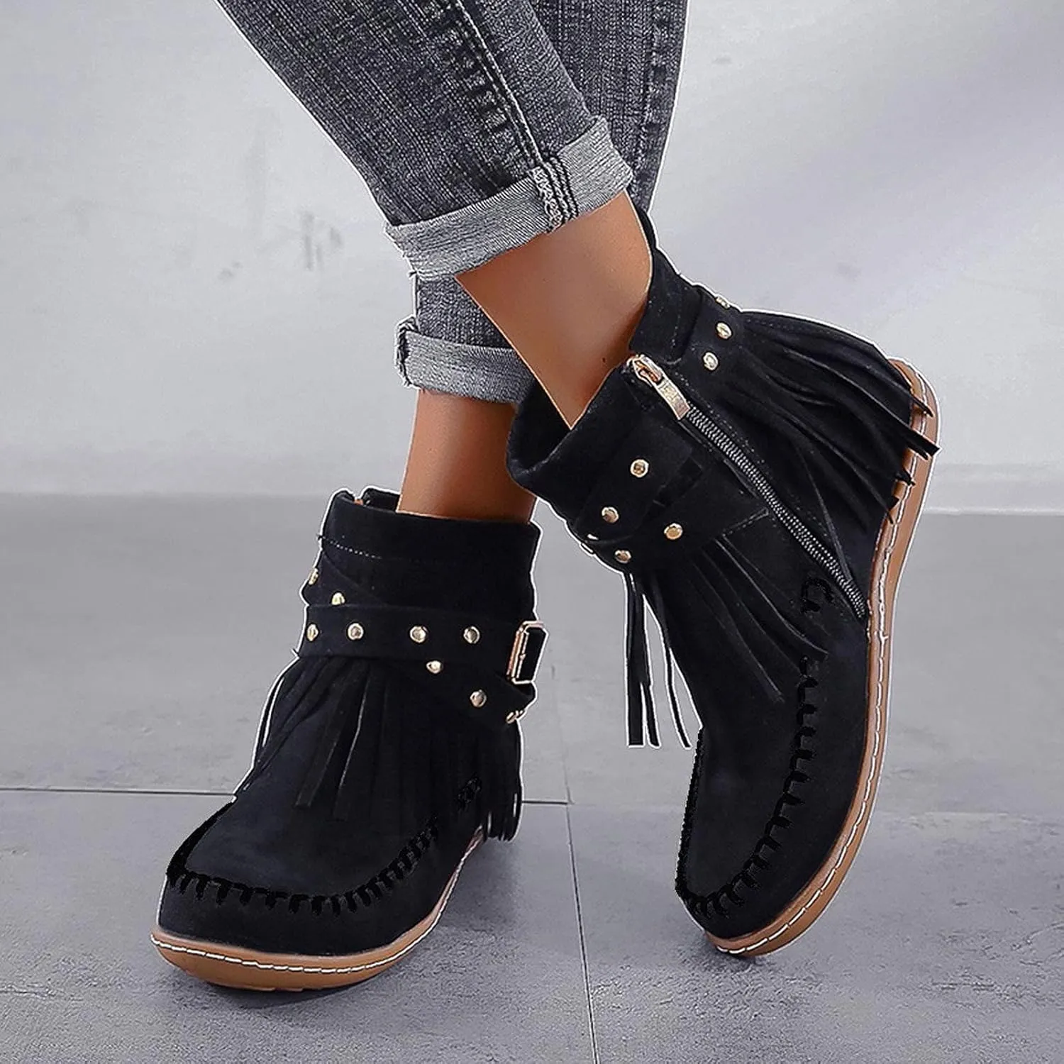 Moccasin Boots For Women Suede Fringe Boots Ankle Cowboy Boots Flat Tassel Boots Short Western Boots Ankle Booties