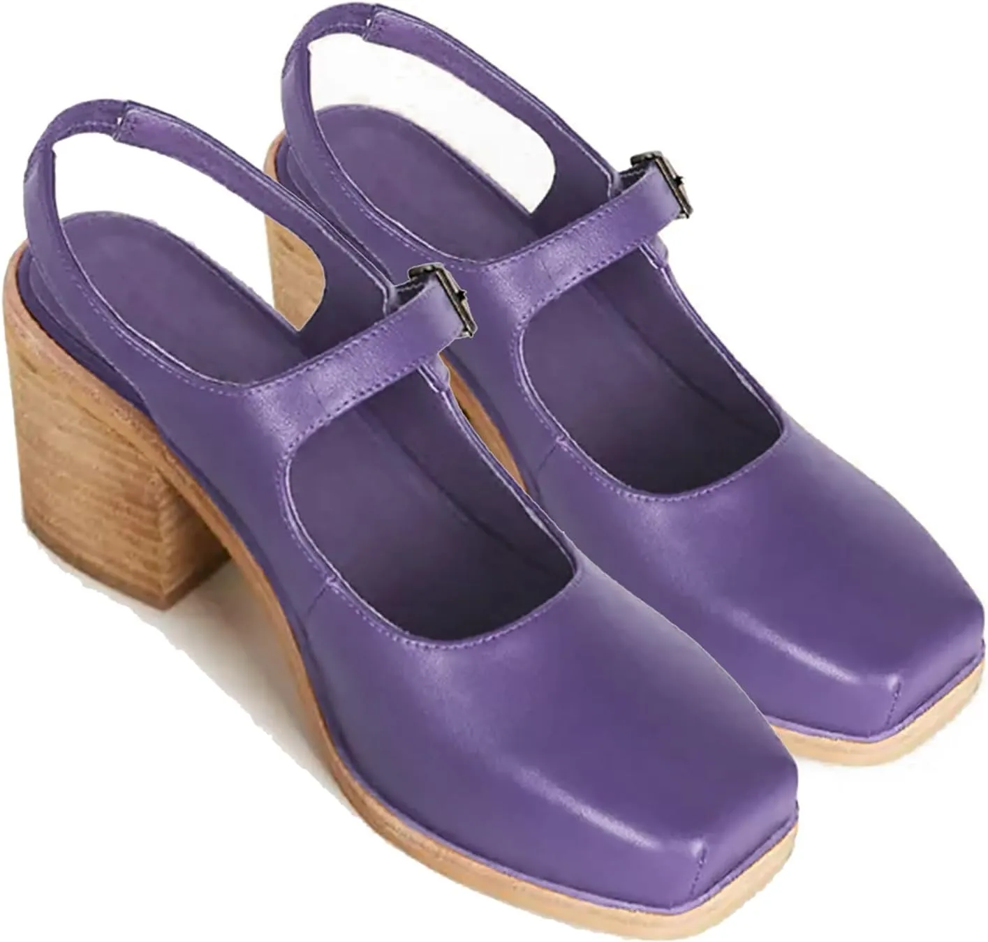 MOOMMO Women Block High Heel Slingback Mary Jane Pumps Platform Square Toe Ankle Buckle Strap Closed Toe Sandals 3 Inch Stacked Chunky Heel Dress Pumps Matte Vintage Comfy Office Daily 4-11 M US