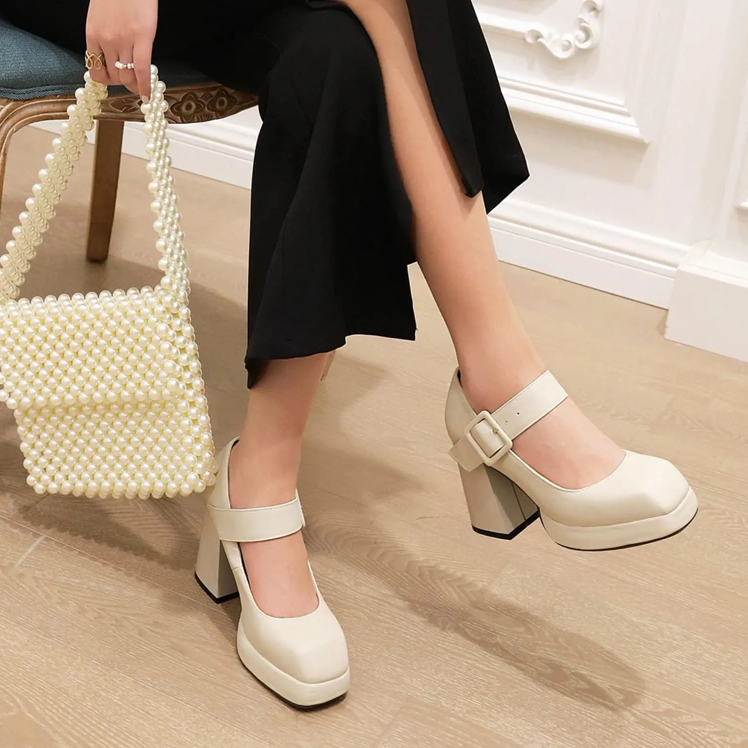 MOOMMO Women Classic Platform Mary Jane Heels Square Toe Chunky High Heel Mary Jane Shoes Ankle Strap Dress Lolita Pumps 4 Inch Block Heel Buckle Strap Sandals Party Casual Wedding Shoes 4-15 M US