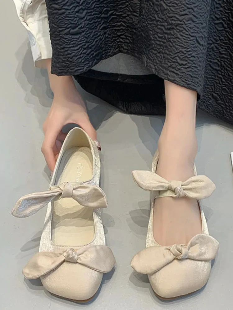 MQTIME  -  Korean Vintage Mary Janes Shoes Women Summer Solid Gentle Causal Flats Shoes Female Slip-on Chic Butterfly-knot Sweet Shoes 2024