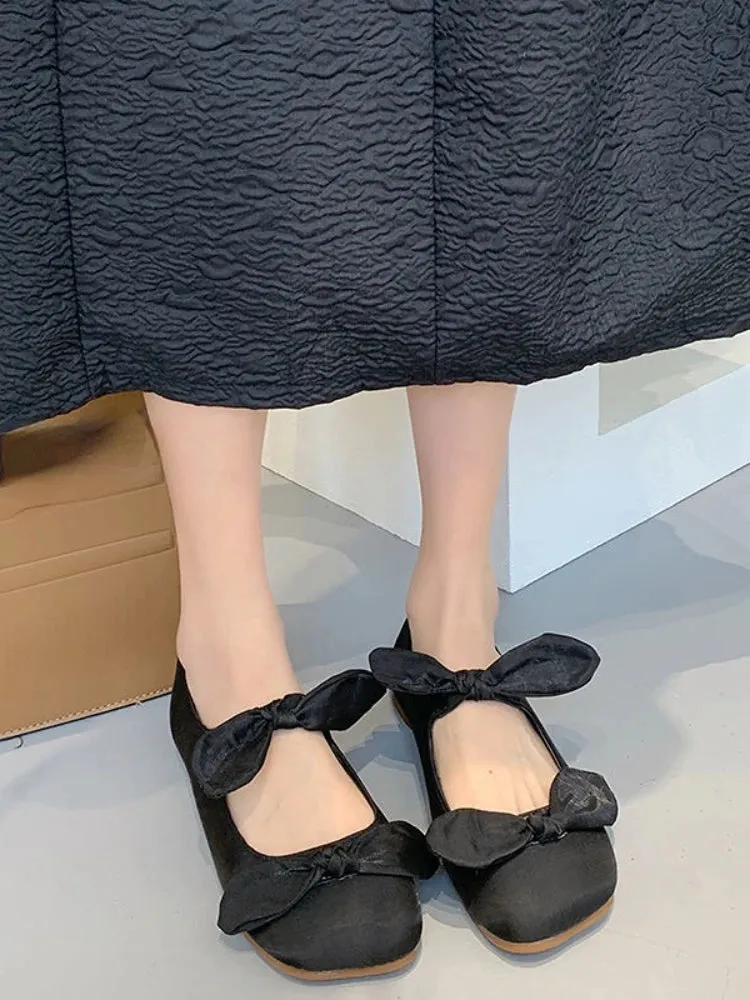 MQTIME  -  Korean Vintage Mary Janes Shoes Women Summer Solid Gentle Causal Flats Shoes Female Slip-on Chic Butterfly-knot Sweet Shoes 2024