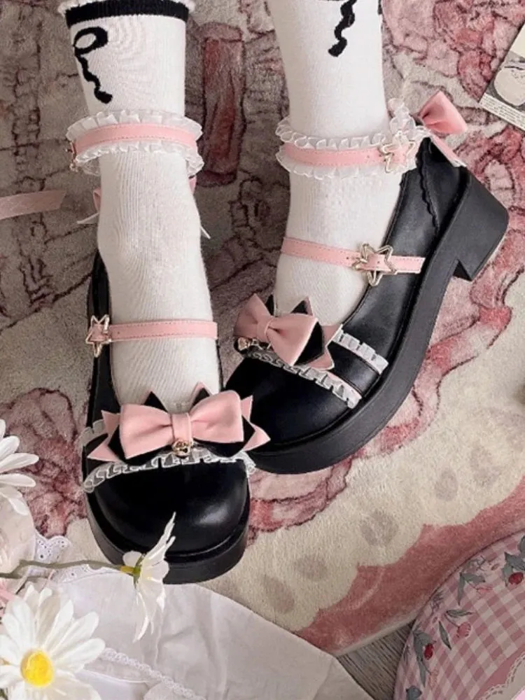 MQTIME  -  Lolita Kawaii Mary Janes Shoes Women Autumn Japanese Style Bow Sweet Cute Sandals Female Pure Color Lace Designer Shoes 2024 New