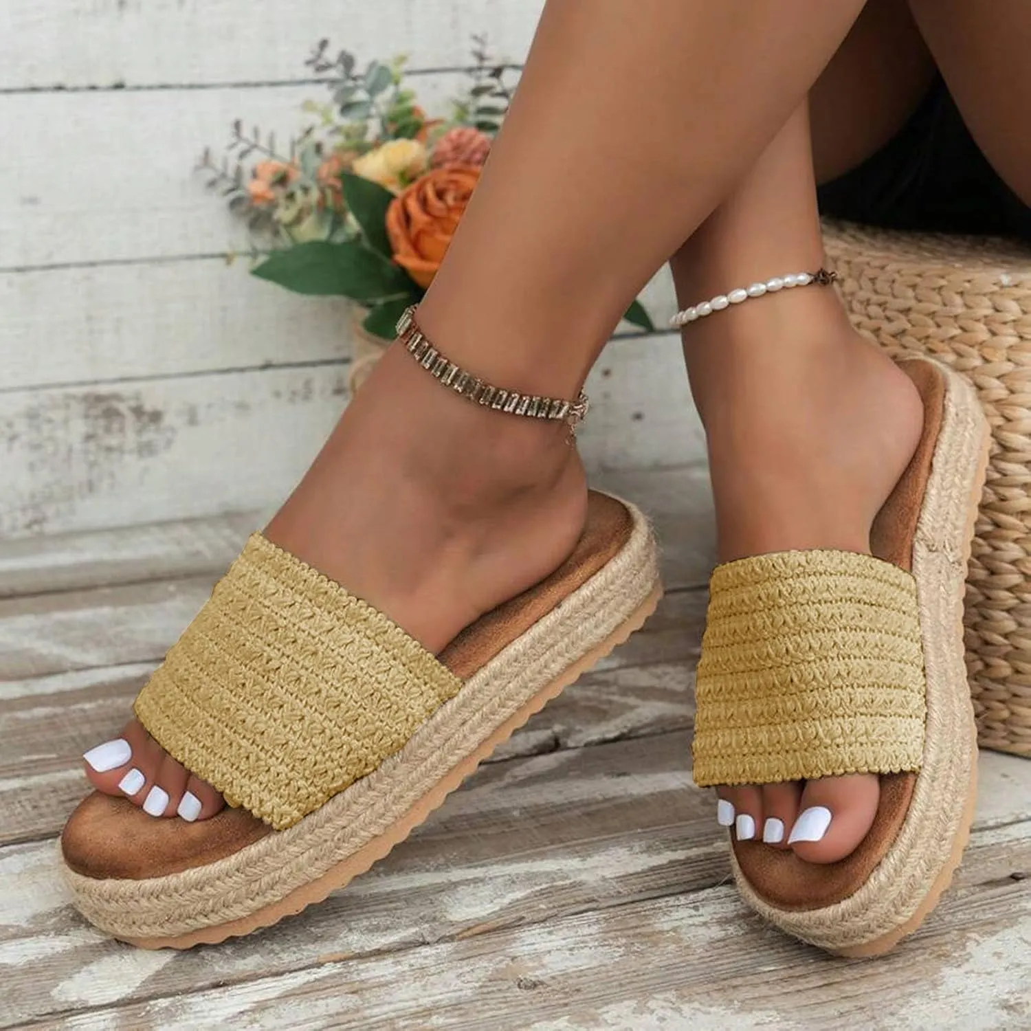 Platform Sandals Women Wedge Espadrilles Slip on Summer Sandals Bohemia Vacation Slides Open Toe Beach Sandal Outdoor