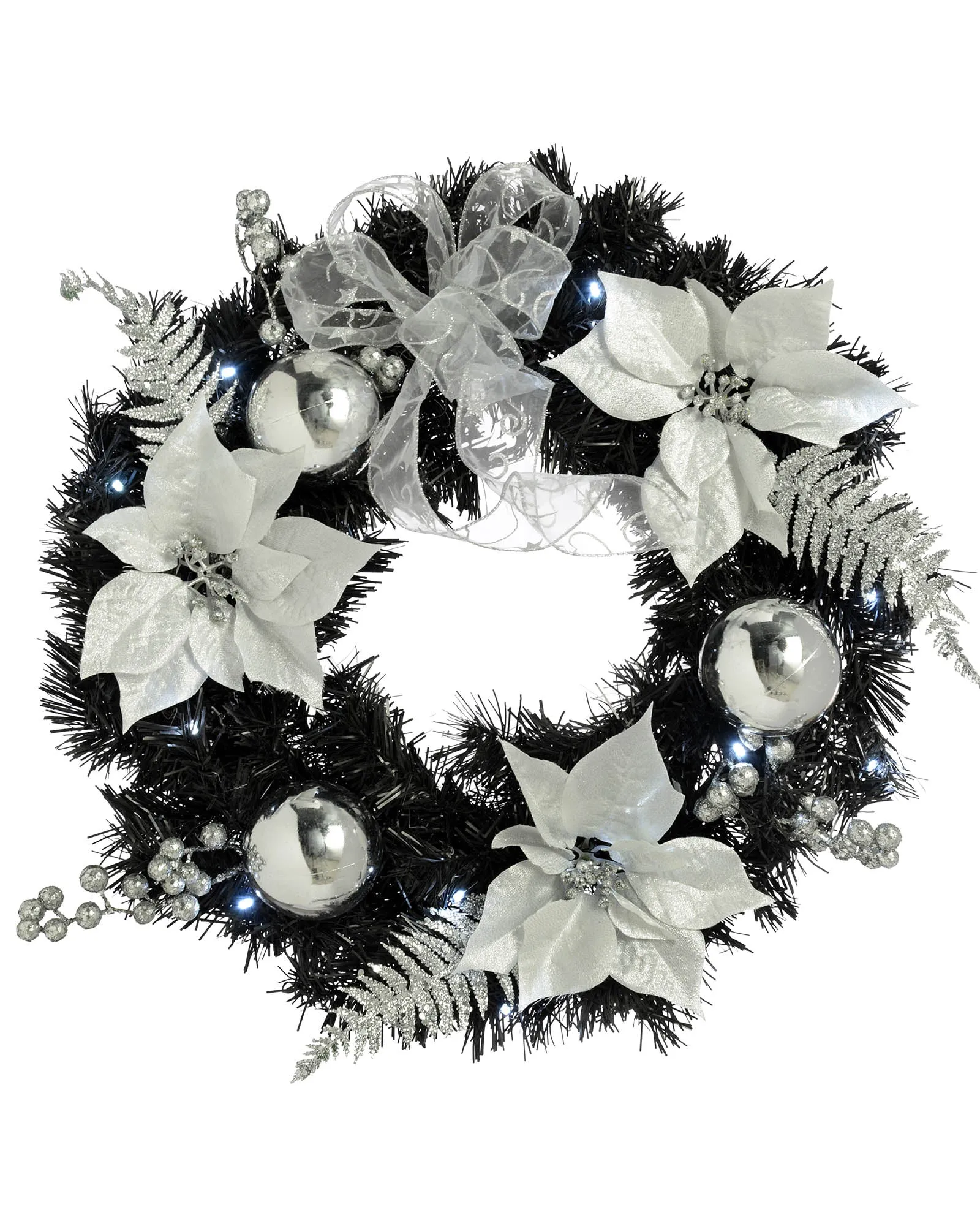 Pre-Lit Decorated Wreath, Black/Silver, 60 cm
