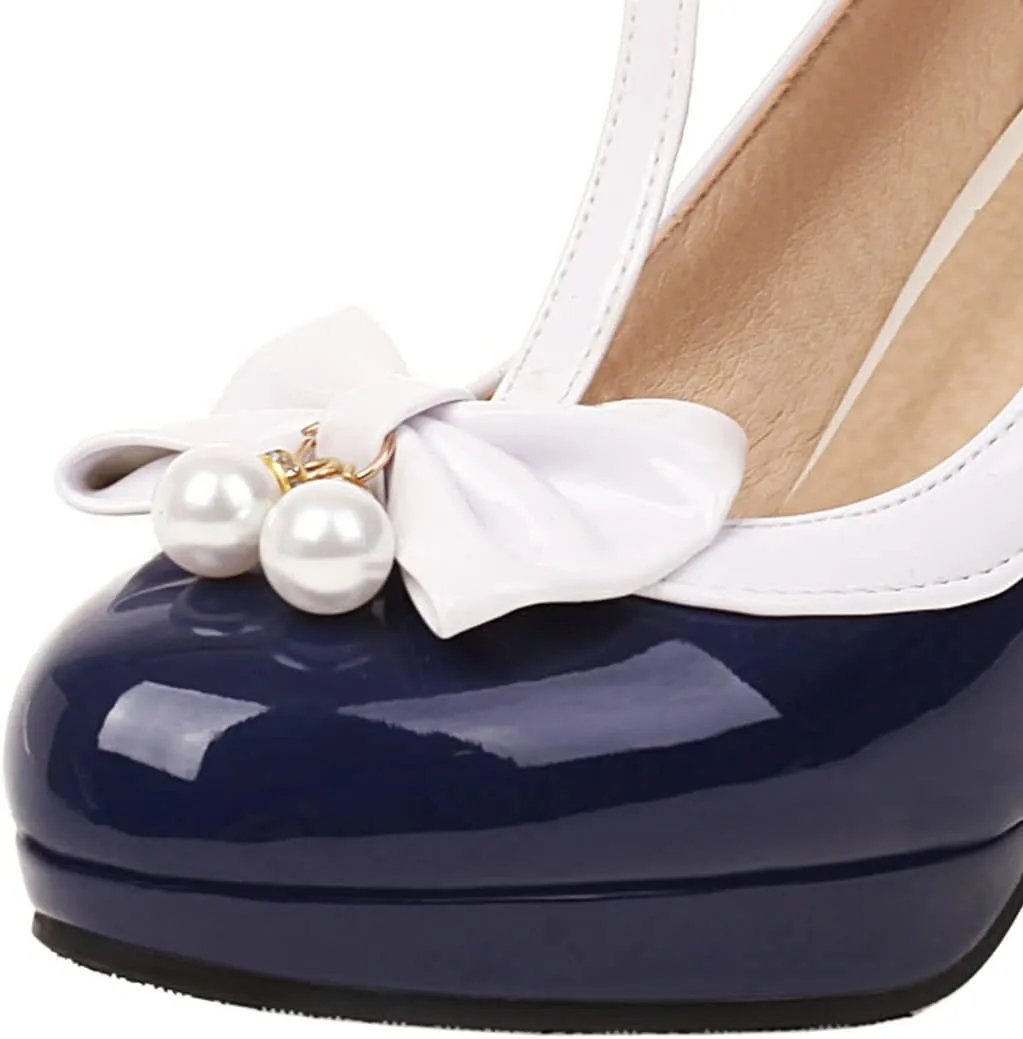 SHEMEE Women's T-Strap Buckle Patent Leather Mary Jane Pumps Chunky High Heel Platform Round Toe Cute Bow Kawaii Cosplay Shoes